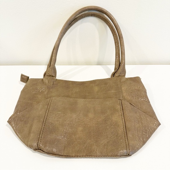 Elegant Tan Flower Crinkle Zipper Small Tote Handbag with Floral Accent - Picture 10 of 10